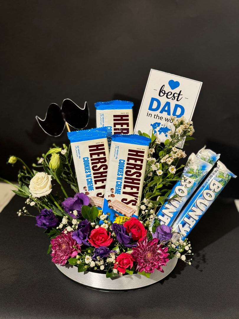 Best Dad Bouquet & Gift Basket with flowers, Hershey’s, and Bounty chocolates