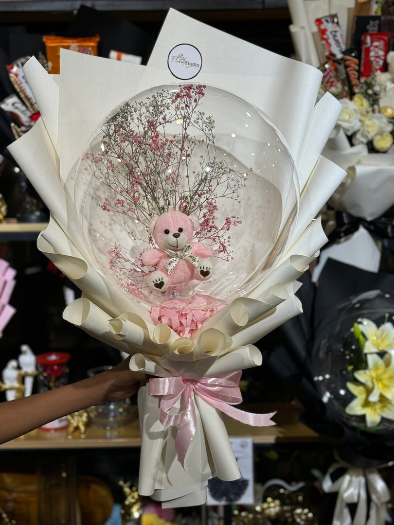 Bloom Bear Balloon Bouquet with pink teddy and baby’s breath flowers