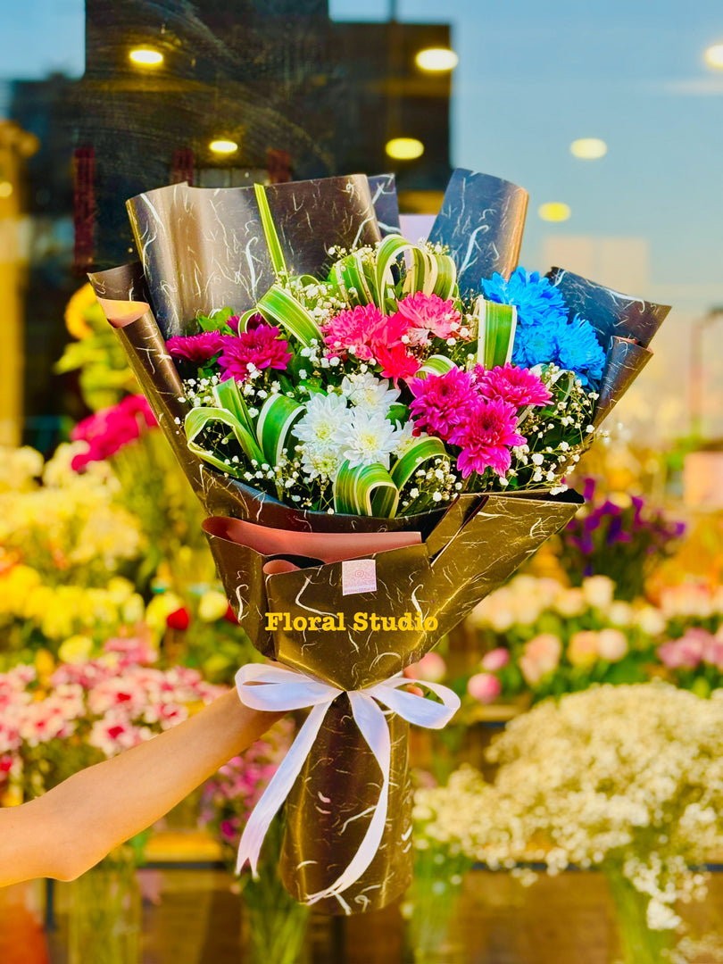 Blue Berry bouquet with imported chrysanthemums and gypsophila