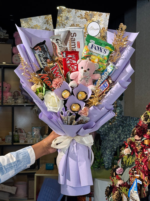 Choco Treat Bouquet with KitKat, Twix, Mars and teddy bear
