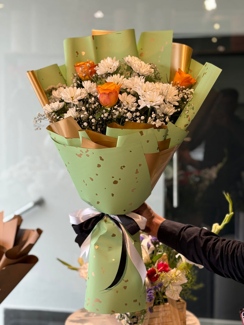 Chrysanthemum Charm bouquet with roses and gypso