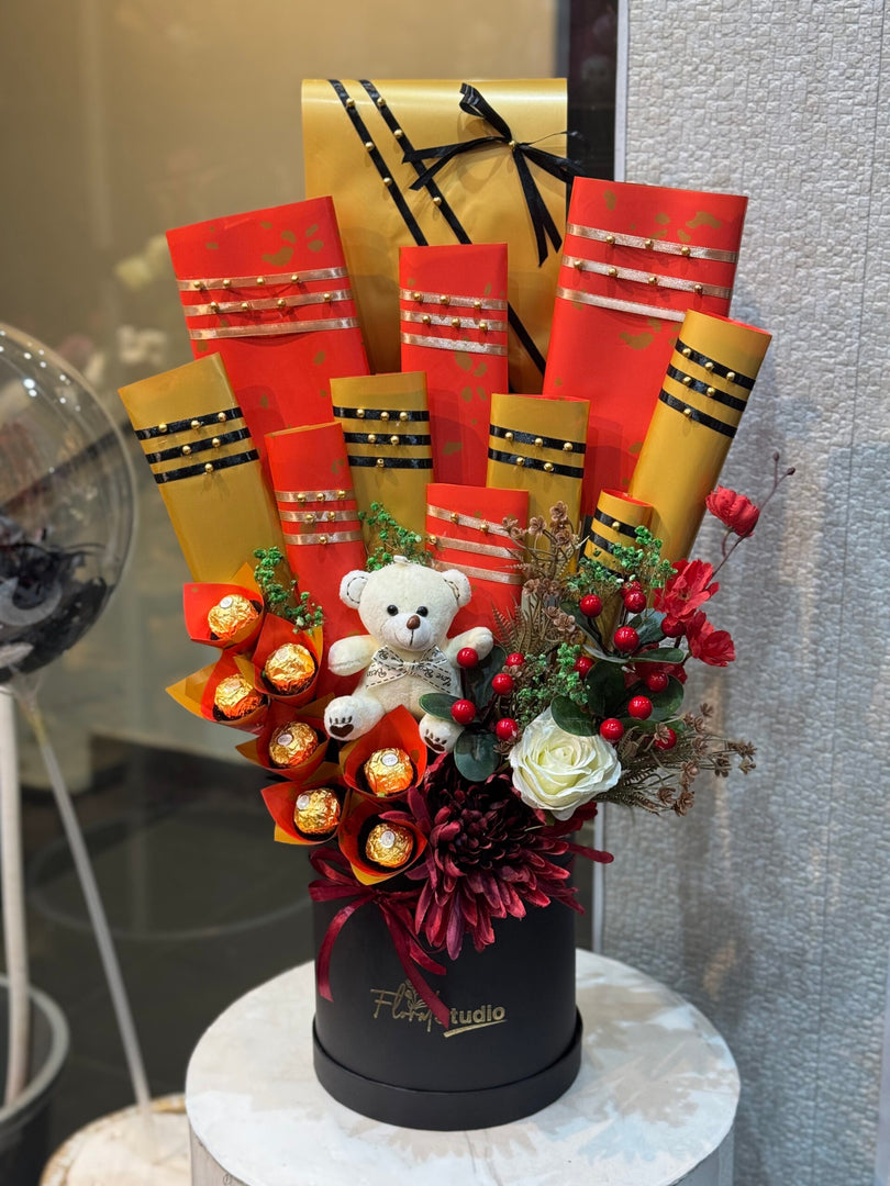 Golden Bliss Basket with Ferrero Chocolates, Teddy & Roses