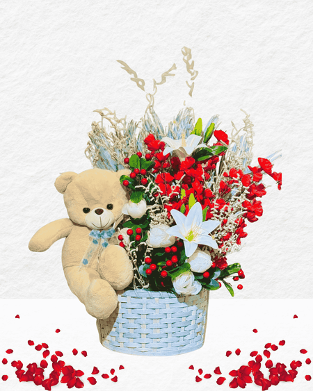 Teddy bear with a bouquet of flowers on a light background