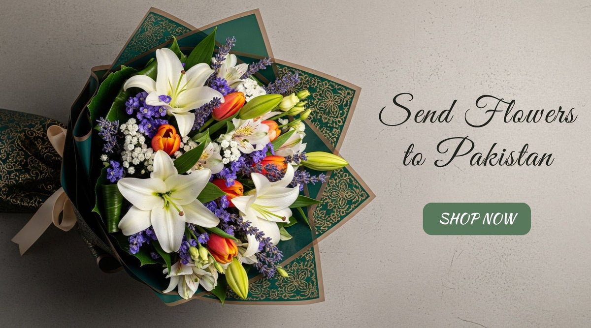 Bouquet of flowers with a decorative box on a light background, featuring text to send flowers to Pakistan.