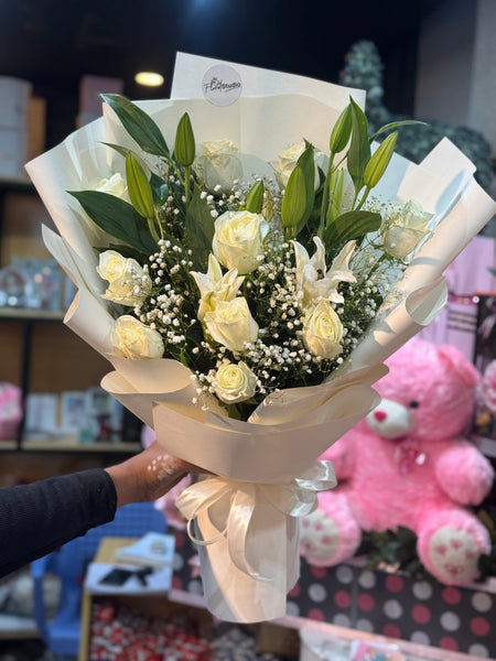 Snow White Bliss — White Roses & Lilies Bouquet