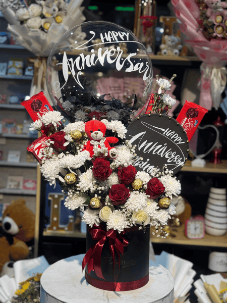 Anniversary Charm Floral Box with Roses Chrysanthemums Teddy and Chocolates Free Delivery in Gulberg Lahore