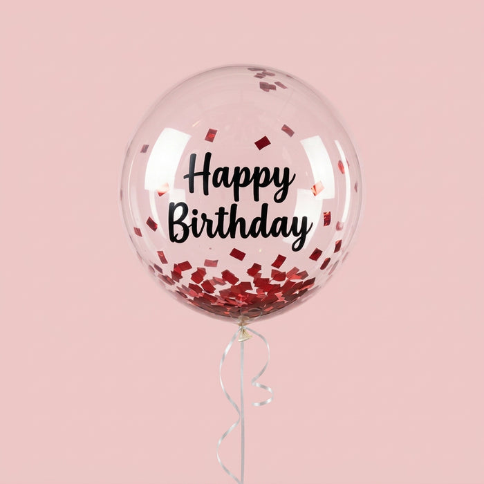 Balloon with 'Happy Birthday' text and red confetti on a white background