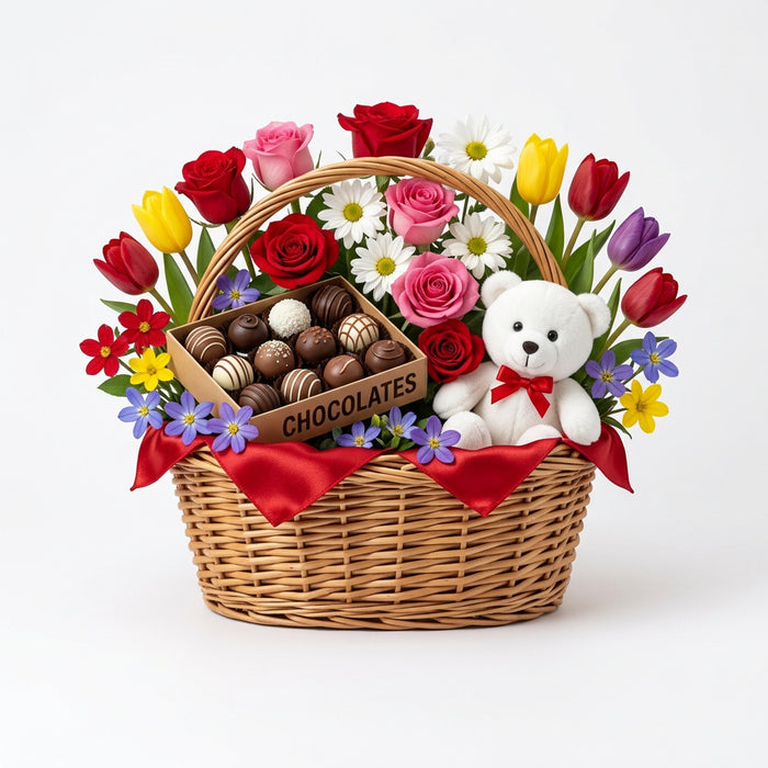 Illustration of a gift basket with a teddy bear, chocolates, and a box on a white background