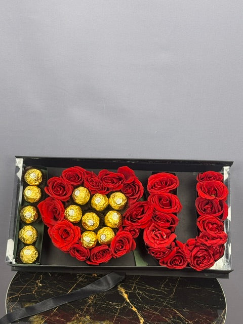 Love Flowers Box with Red Roses & Ferrero Chocolates