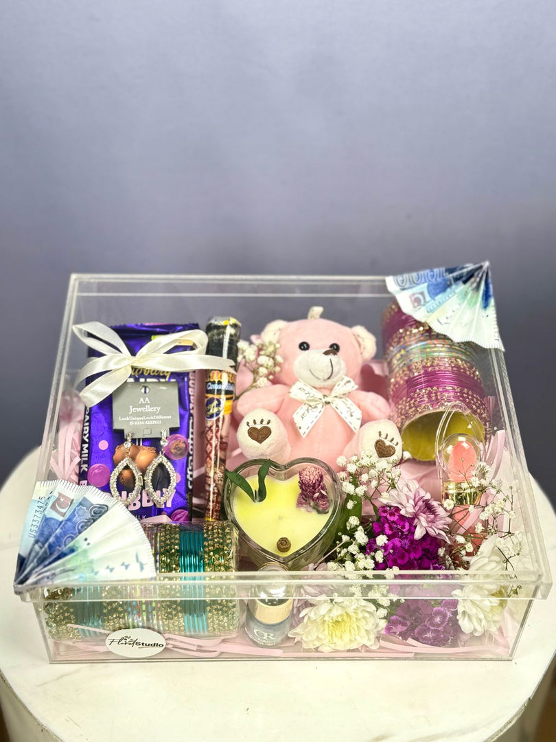Exclusive Eidi Gift Box with Cash, Teddy, Candle, Bangles & Flowers
