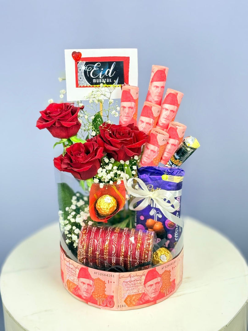 Premium Eidi Gift Box with Cash, Bangles, Chocolates & Flowers