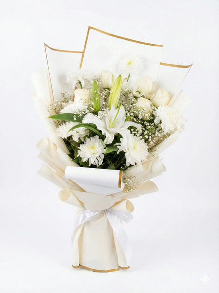 Bouquet of white flowers wrapped in gold and white paper on a light gray background