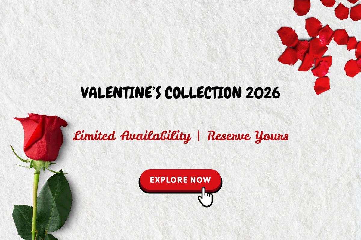 Promotional graphic for Valentine's Collection 2026 with a red rose and text on a white background.