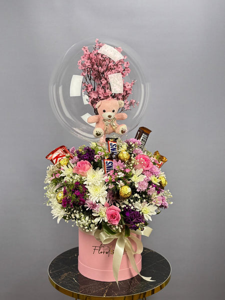 Mother’s Day Flowers & Treats Basket — roses, chrysanthemums, chocolates & teddy balloon — delivery Lahore, Karachi, Islamabad