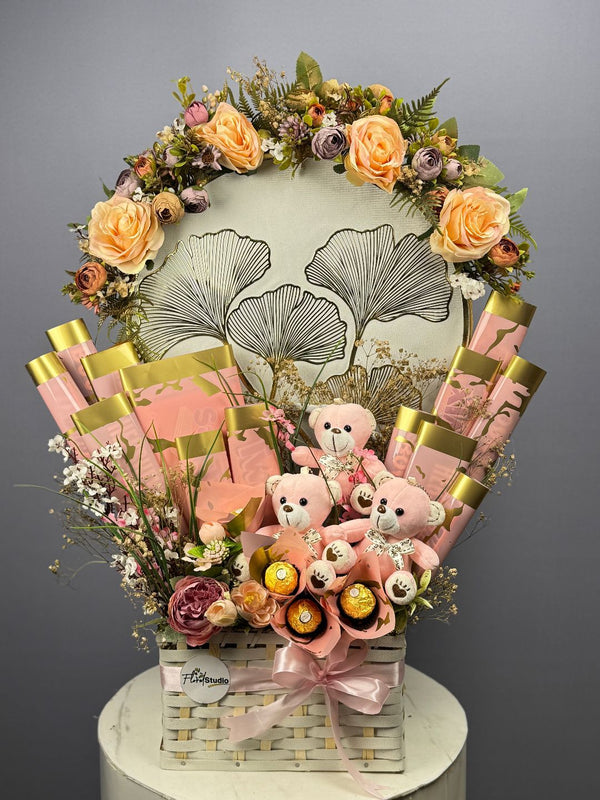 Teddy & Treats for Mama — flower and chocolate basket with Ferrero Rocher, Snickers, Twix, Mars, Bounty, wafer, teddy bears & flowers — delivery Lahore, Karachi, Islamabad