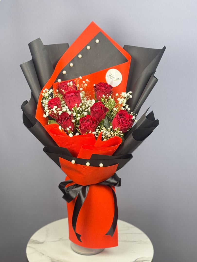 Whispers of Love Rose Bouquet — 8 imported roses & 2 baby’s breath stems — romantic flowers — delivery Lahore, Karachi, Islamabad