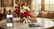 Luxury bouquet hamper with chocolates and red roses by Florals Studio Lahore.