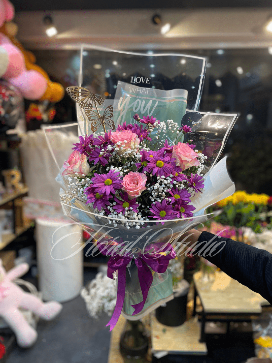 Butterfly Bliss Bouquet with Purple Chrysanthemums & Pink Roses

