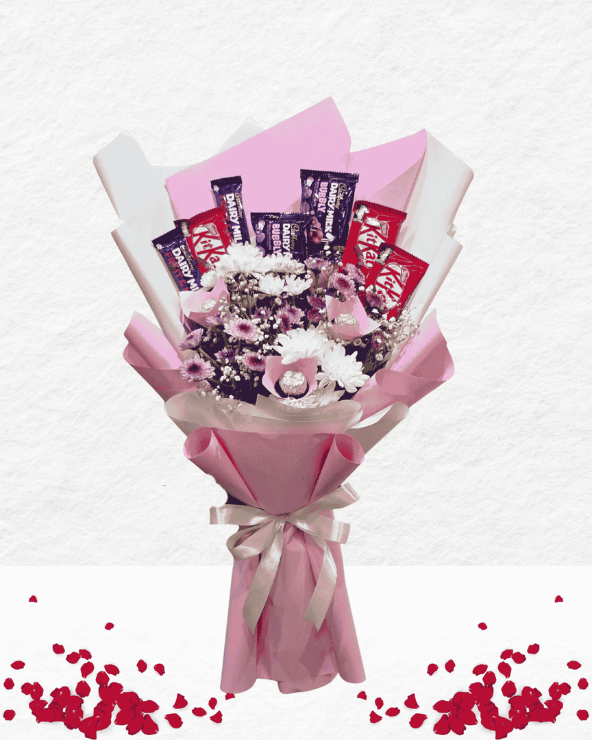 Bouquet of chocolate bars wrapped in pink paper with a bow on a white background
