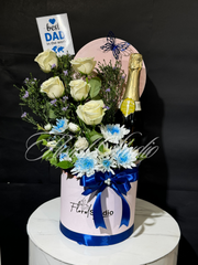 Dad's Delight floral box with white roses, blue flowers, greenery and champagne

