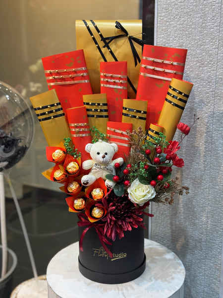 Golden Bliss Basket with Ferrero Chocolates, Teddy & Roses

