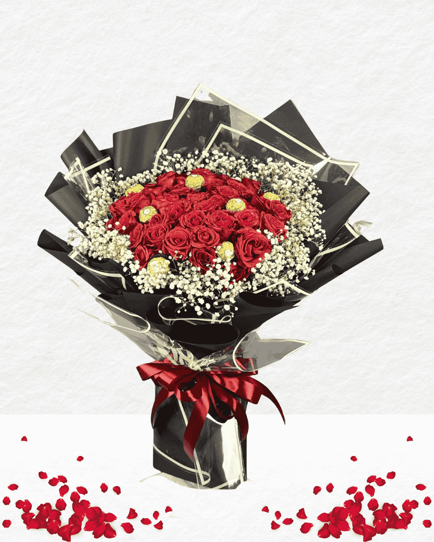 Bouquet of red roses and white flowers wrapped in black paper with a red ribbon on a light gray background.