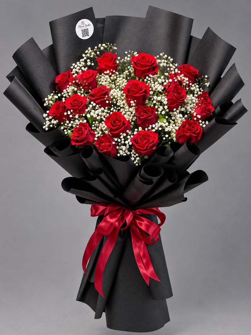 Love Noir – Red Rose Bouquet with Baby’s Breath