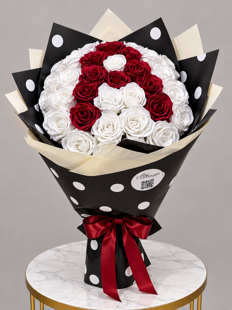 A large bouquet of artificial roses wrapped in black paper with white polka dots and a beige inner liner, tied with a dark red ribbon. The roses form the number 8, with red and white roses creating the digits.