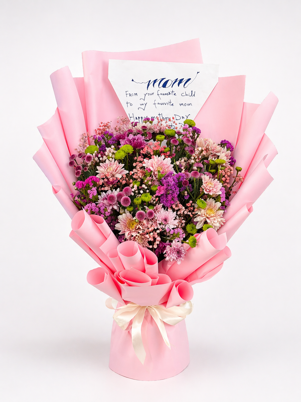 Mom Blush pink flower bouquet with satin ribbon