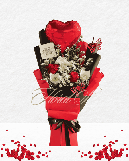 Bouquet with red and white flowers, heart-shaped balloon, and 'Happy Valentine's Day' card on a white background.