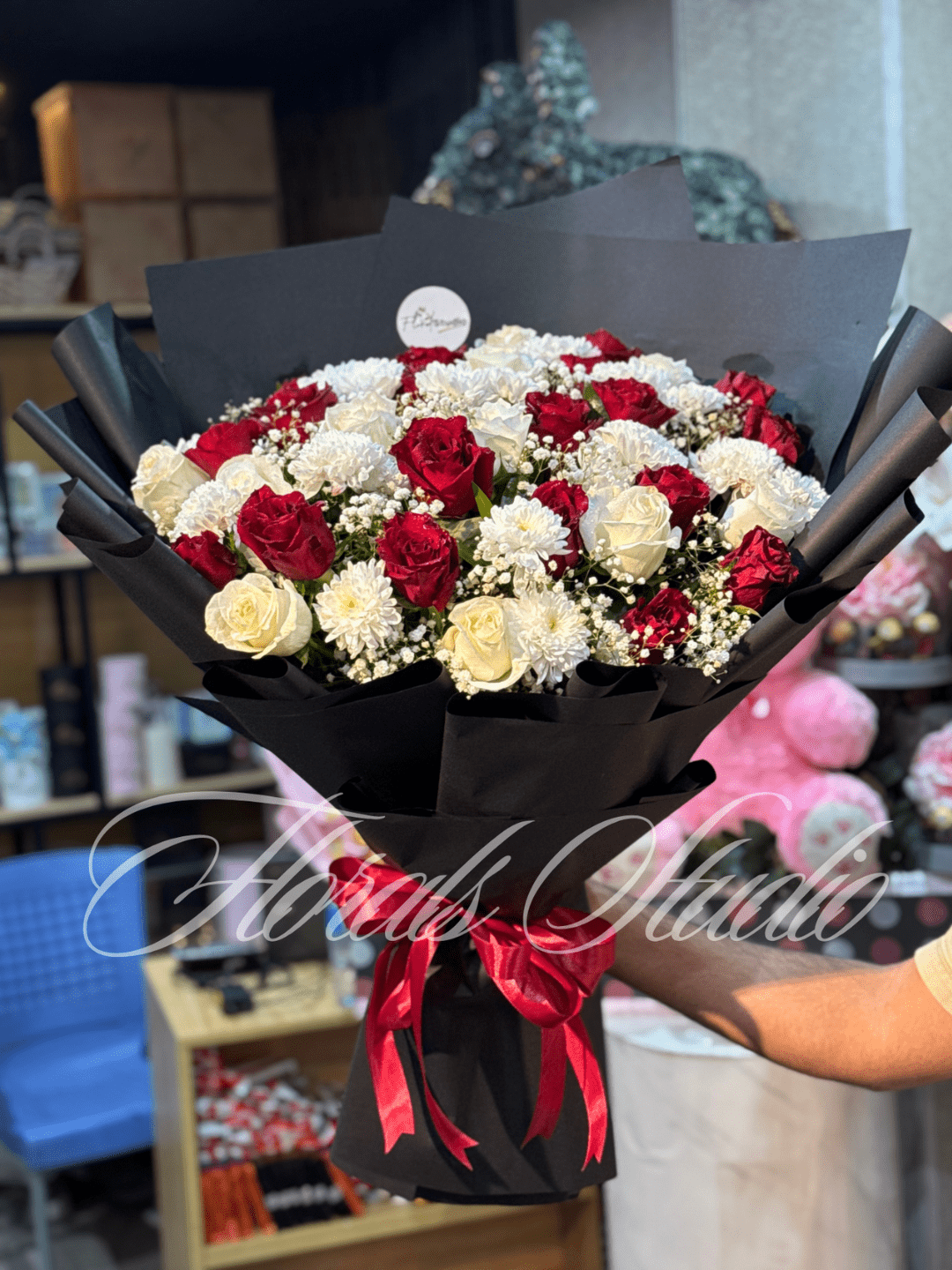 Regal Romance Bouquet with Red & White Roses, Chrysanthemums & Baby’s Breath

