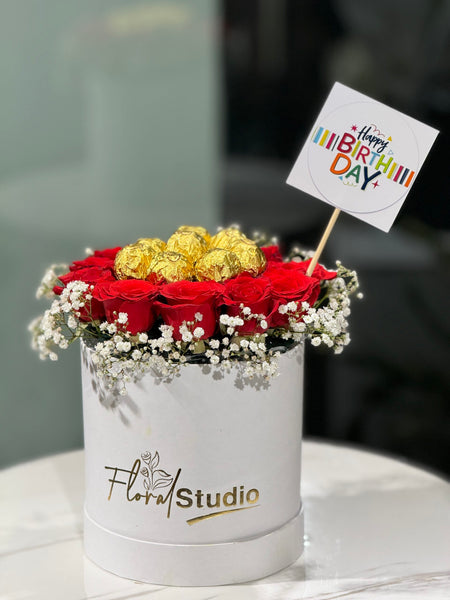 Ruby Romance bouquet with red roses and Ferrero Rocher chocolates

