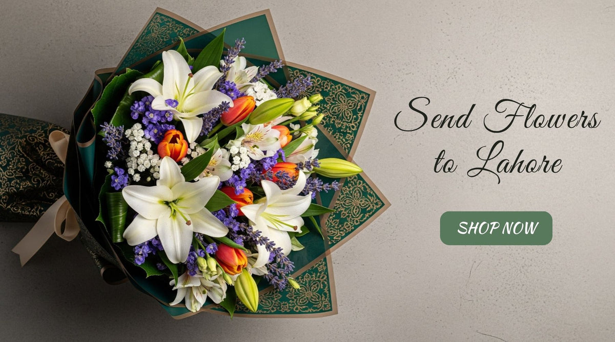Bouquet of flowers with promotional text to send flowers to Lahore