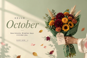 A person in a white dress holds a bouquet of pink and cream roses with green foliage, wrapped in brown paper, against a warm beige background with soft shadows and the text 'HELLO September'.