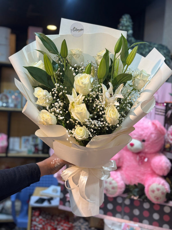 Snow White Bliss — White Roses & Lilies Bouquet

