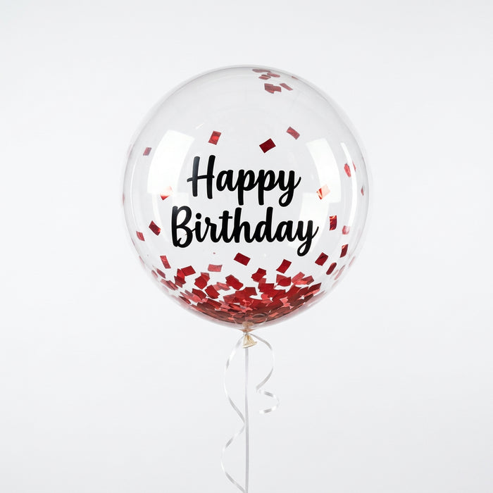 Balloon with 'Happy Birthday' text and red confetti on a white background