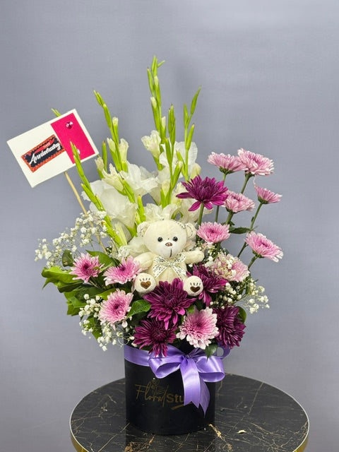 Fresh Flowers Basket with Teddy Bear

