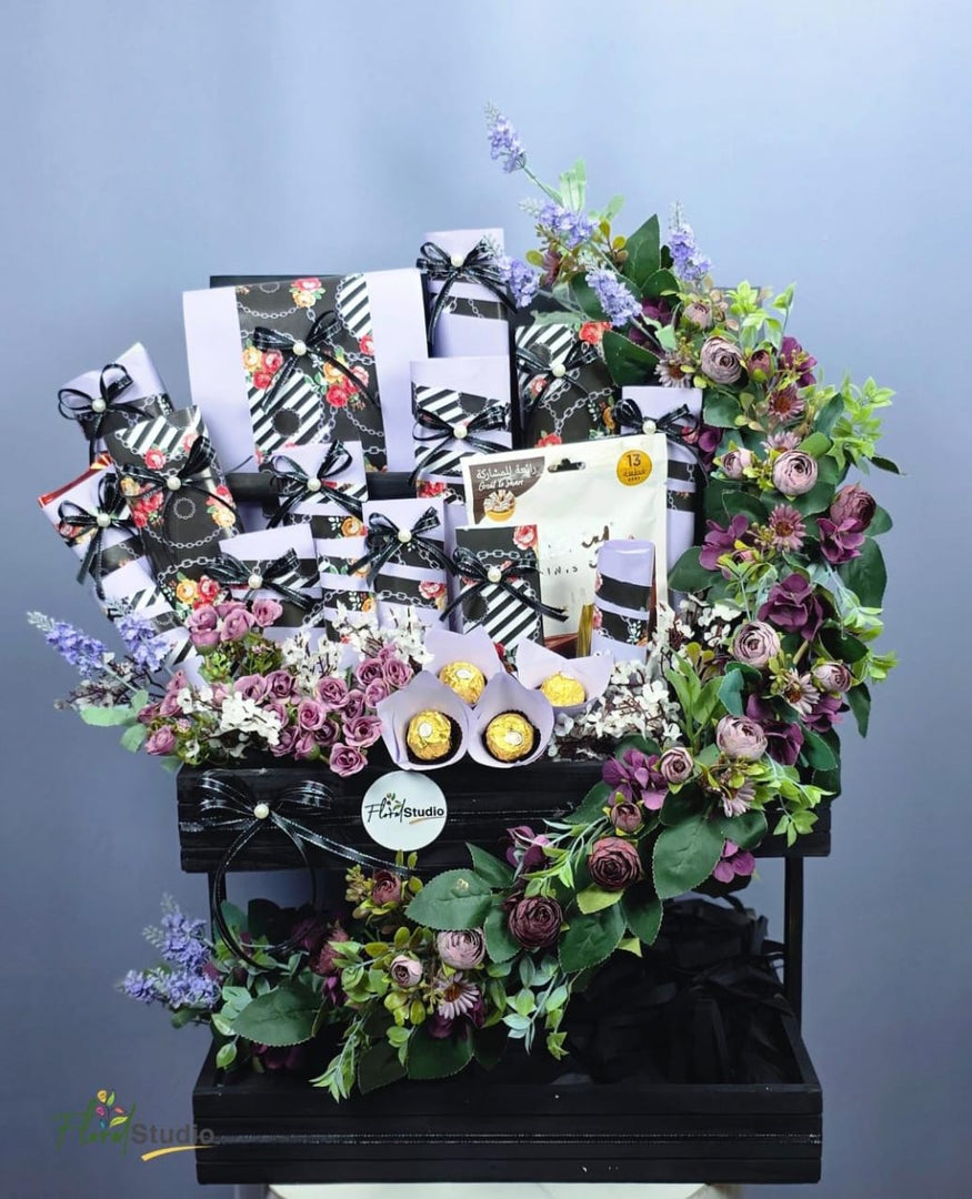 Whispers Of Lavender Lust lavender gift basket with Ferrero Rocher chocolates & imported chocolates. Custom design gift basket designed according to the client requirements.