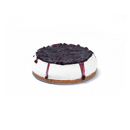 Whole blueberry cheesecake with white cream cheese layer and fresh blueberry topping on white background

