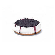Whole blueberry cheesecake with white cream cheese layer and fresh blueberry topping on white background

