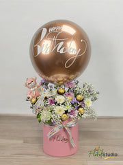 Blush Bloom Surprise with Ferrero Rocher, teddy bear, customized birthday balloon, baby’s breath, imported flowers — delivery in Lahore, Karachi, Islamabad