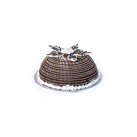 A chocolate ice cream bombe with a brownie dome, draped in chocolate fudge sauce and a vanilla ice cream core, garnished with a chocolate flower on top.