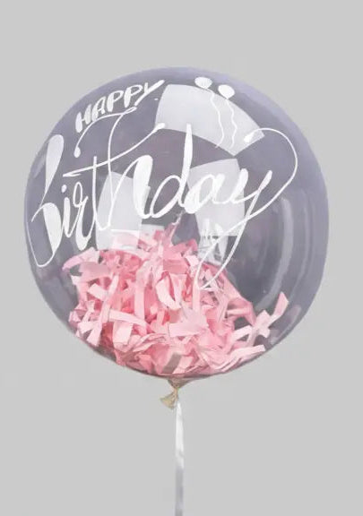 Clear balloon with 'Happy Birthday' text and pink confetti on a gray background
