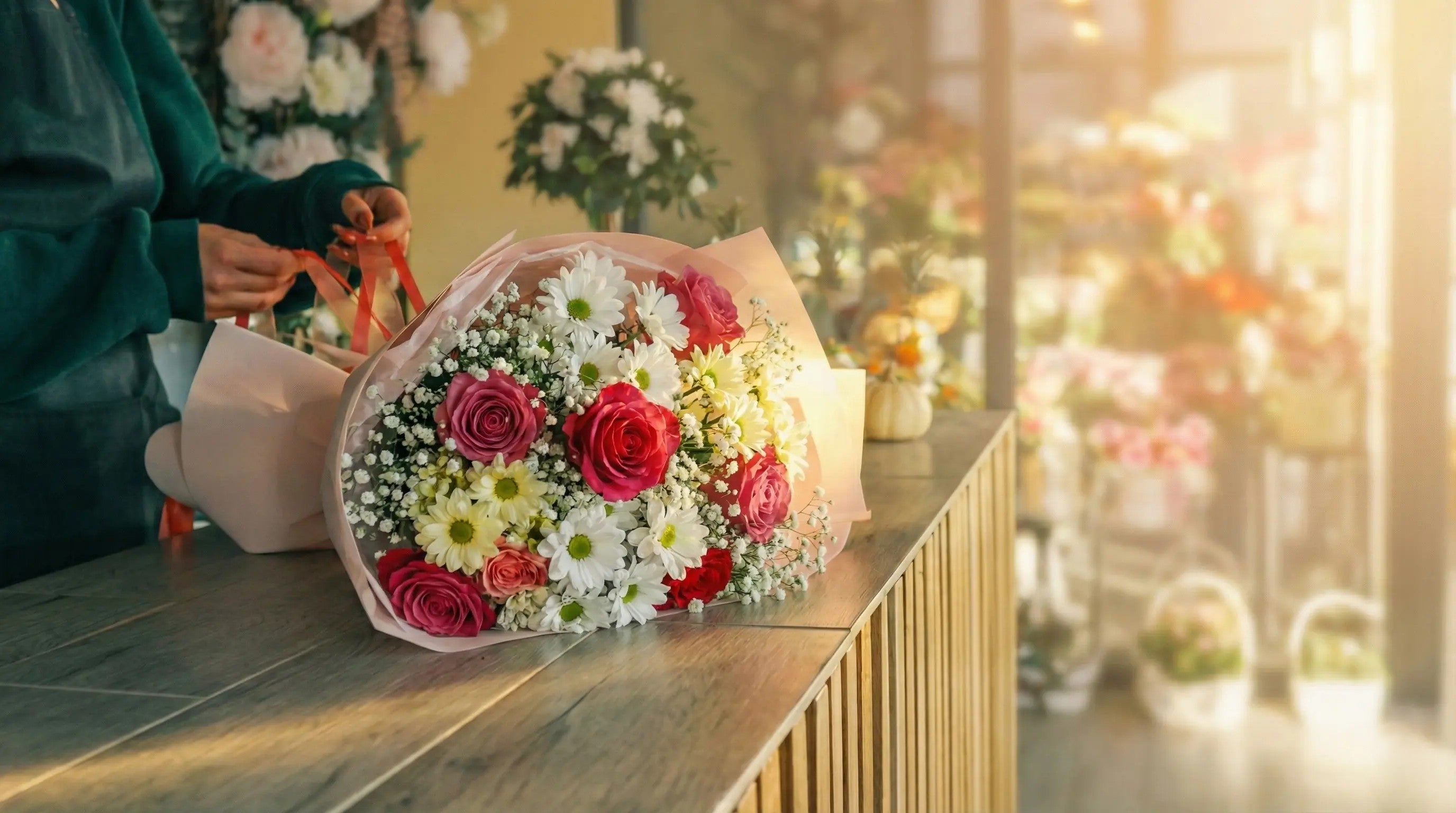 Bouquet of flowers on a counter with blurred background
