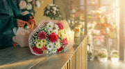 Bouquet of flowers on a counter with blurred background