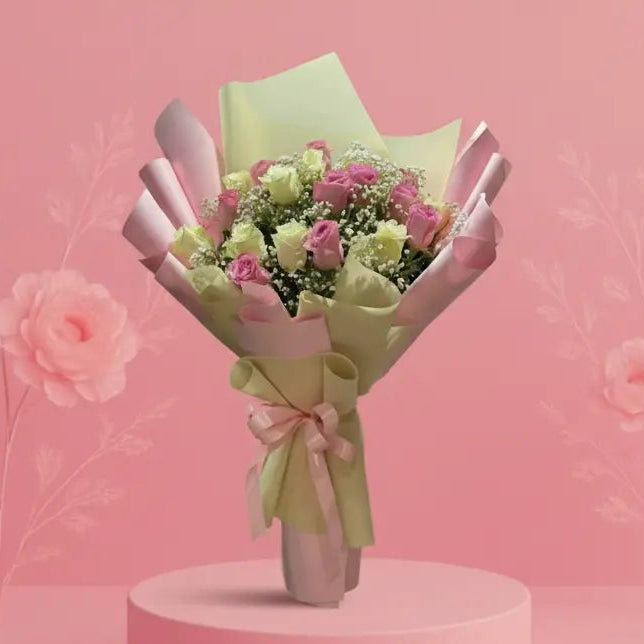 Bouquet of flowers on a pink pedestal with a pink background