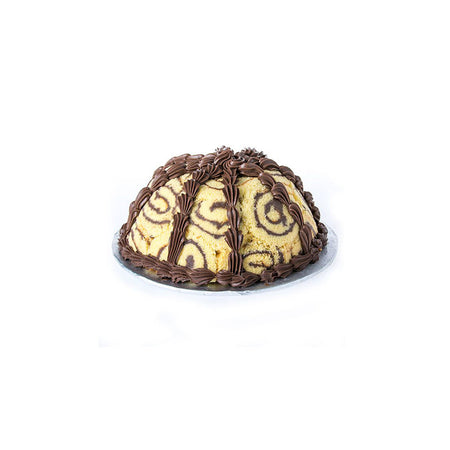 Dome-shaped ice cream bomb with praline ice cream topped with chocolate sauce on white background

