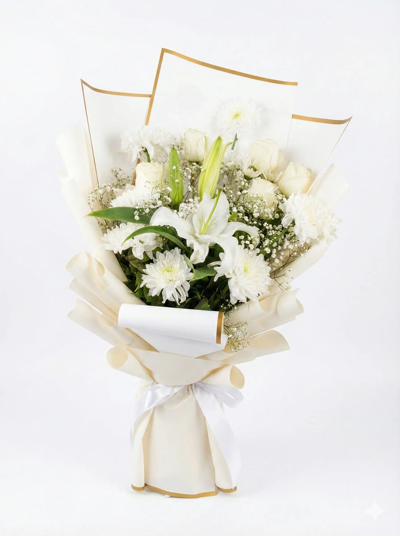 Bouquet of white flowers wrapped in gold and white paper on a light gray background
