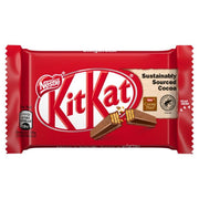 A packaged KitKat chocolate bar with the Nestle logo and a sustainability seal indicating that the cocoa is sustainably sourced.