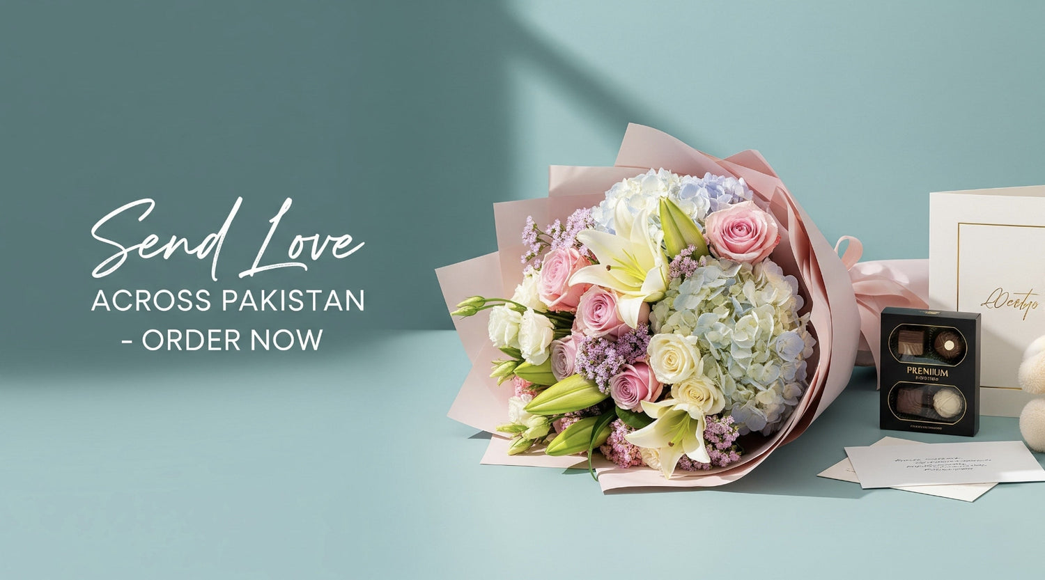 Bouquet of flowers with a card and chocolates on a light blue background, promoting ordering flowers across Pakistan.